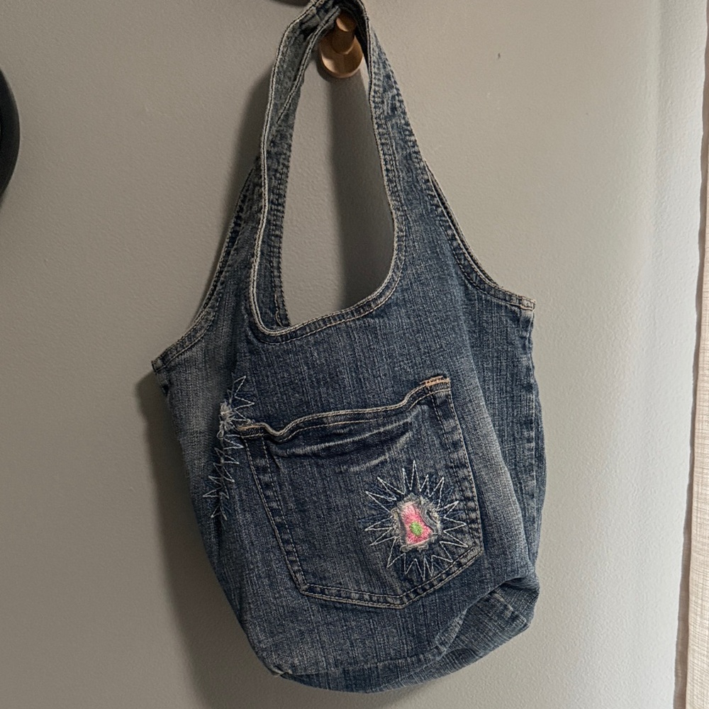 Denim Tote Bag with Embroidered Pocket